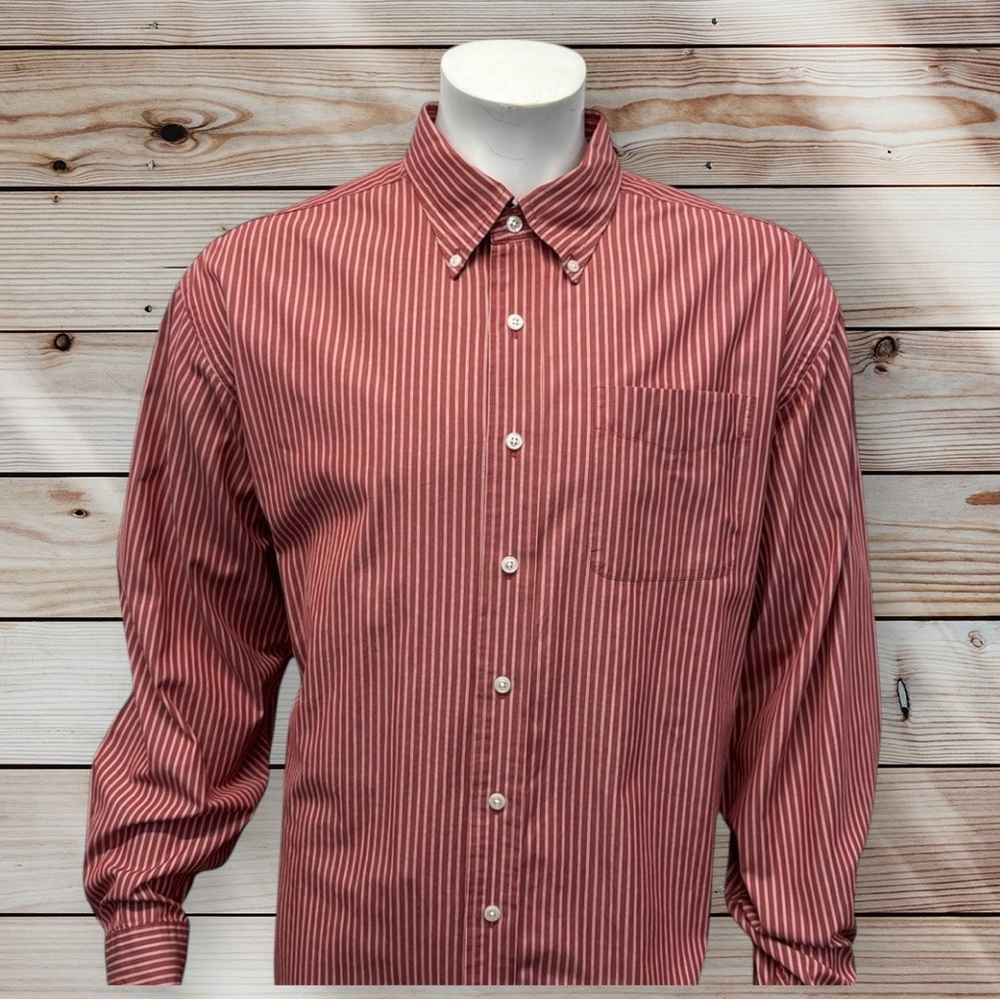 LL Bean Classic Red White Striped Cotton Long Sleeve Men’s Shirt Size XL Tall
